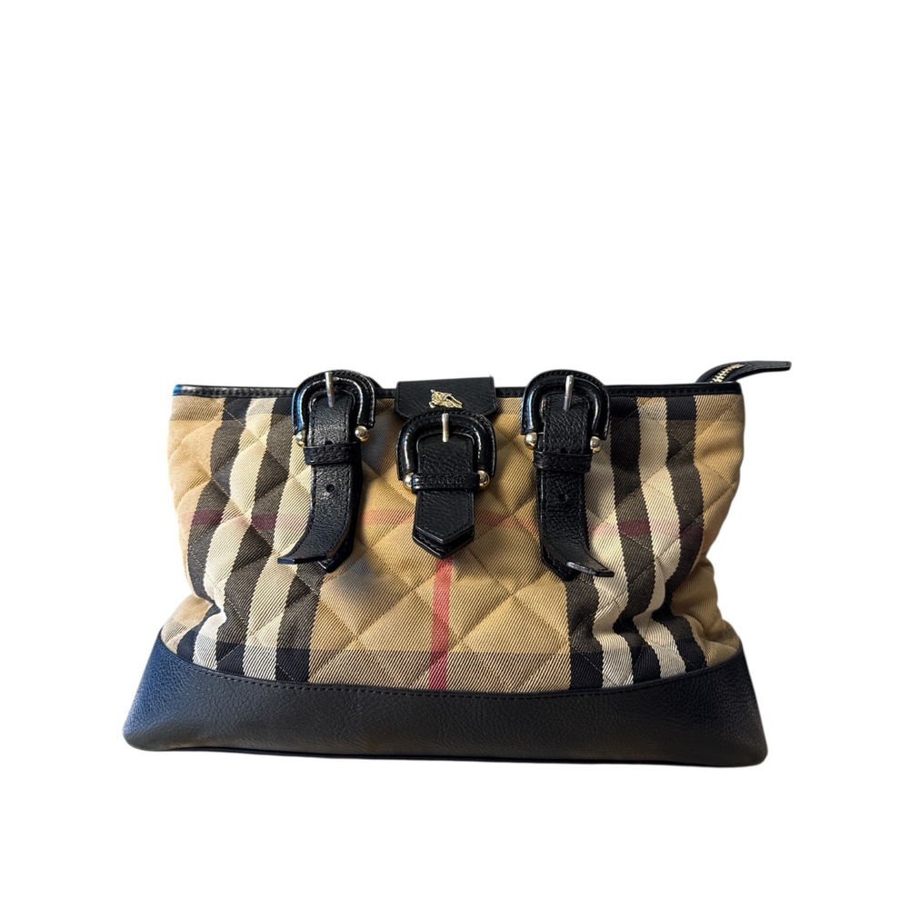 Burberry Nova Check Quilted Canvas Tote Bag Black Leather Gold-Tone Hardware